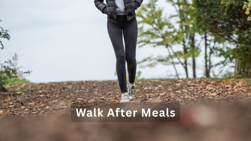 Woman walking after meals to relieve bloating and improve gut health
